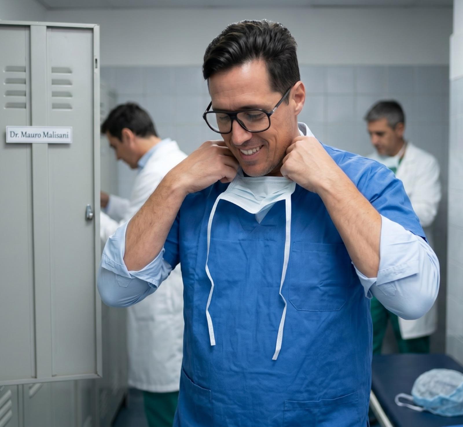 Dr. Mauro Malisani colocándose el ambo antes de una cirugía